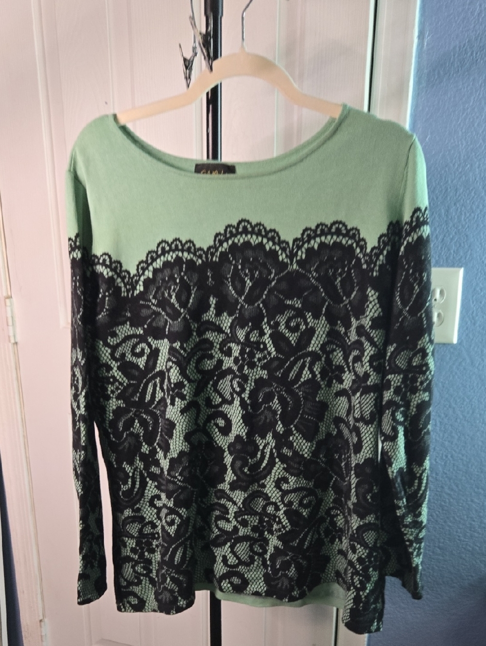 Bob Mackie Mint Green Long Sleeve Top with Black Lace Motif